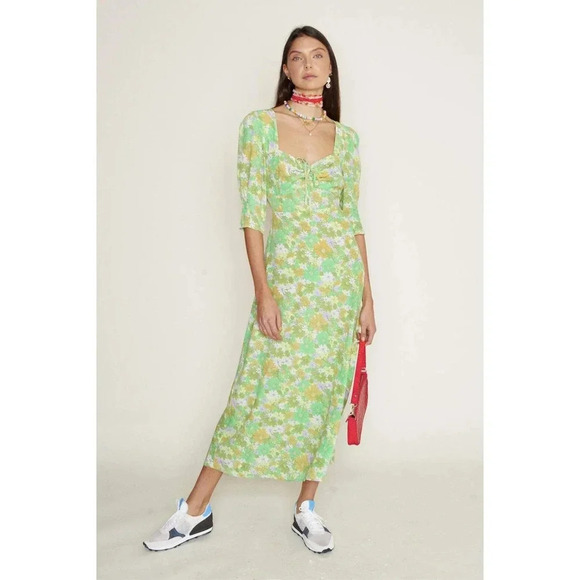 Rixo Luisa Midi Dress 60s Daisy Green Lilac Size XS